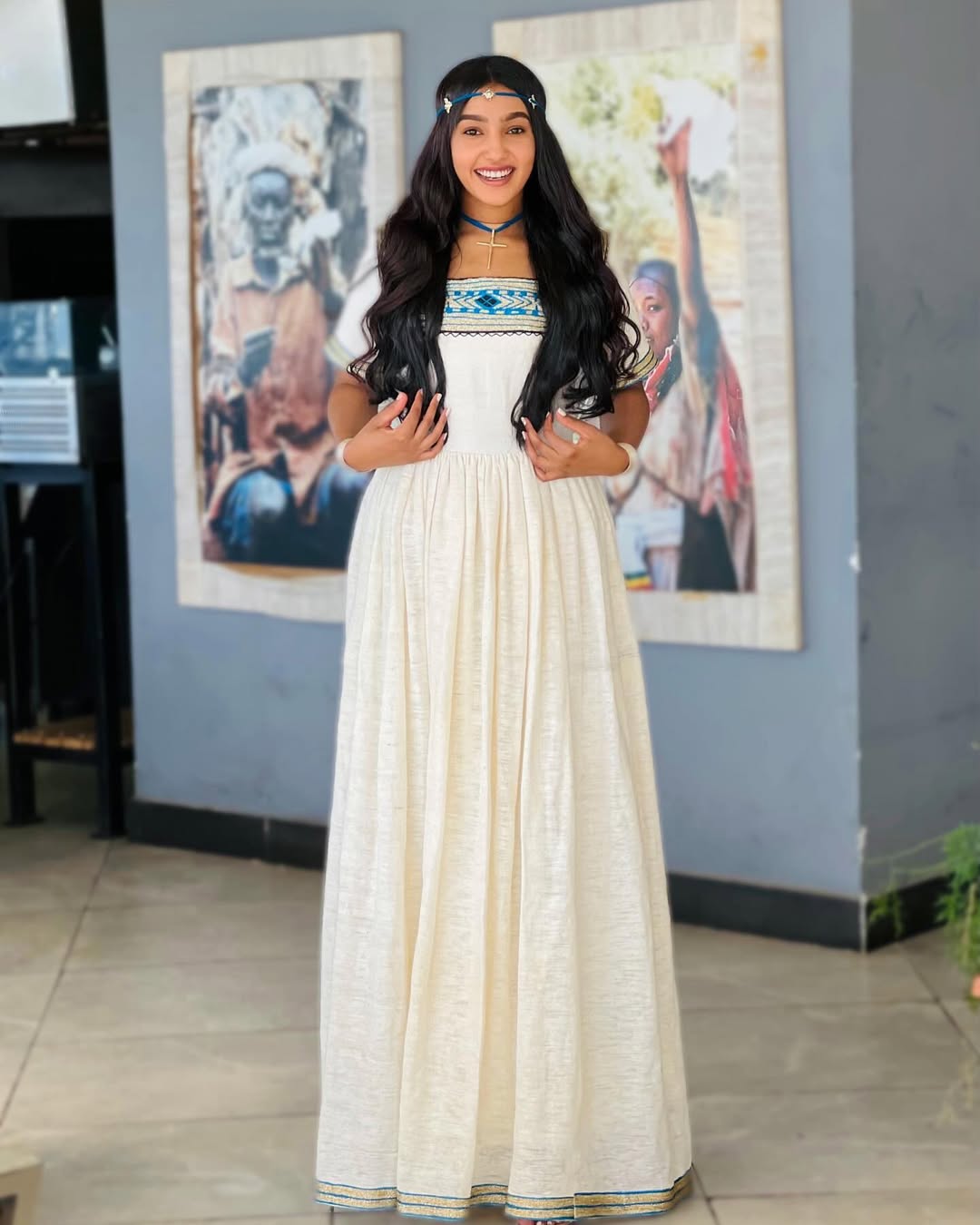 Blue Cultural Habesha Kemis Fetil Material Ethiopian Traditional Clothing