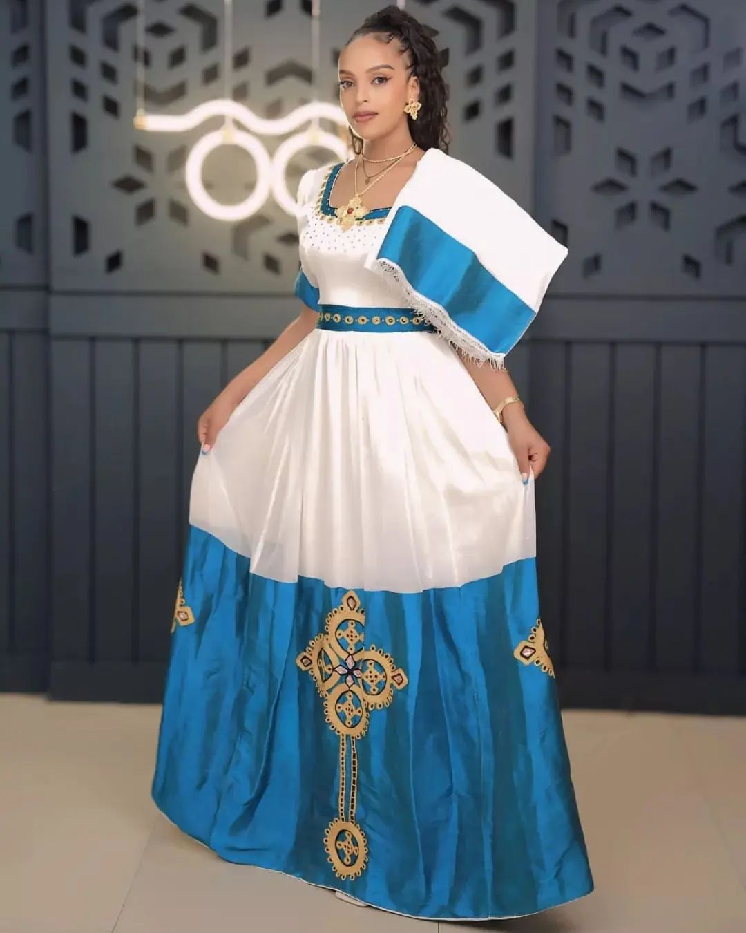 Intricate Blue Tilet Detail Habesha Dress Design Modern Habesha Kemis Ethiopian Dress Style