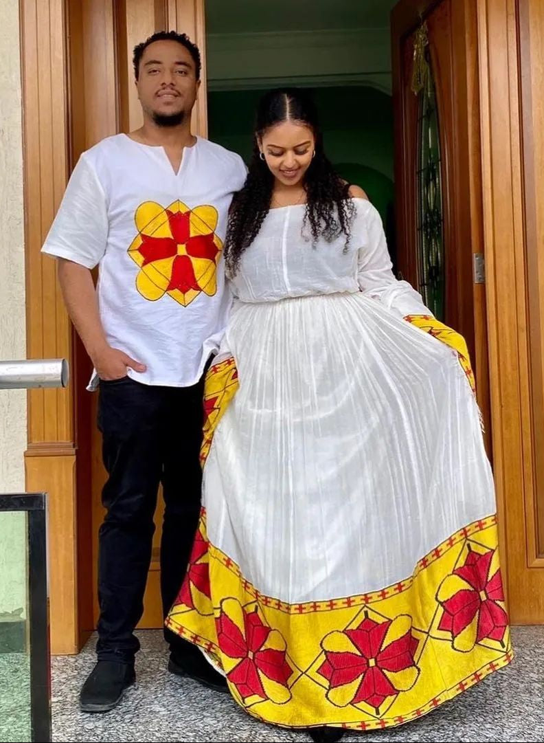 Tenue de couple Habesha jaune et rouge avec motifs, tenue de mariage éthiopienne moderne, tenue de couple assortie