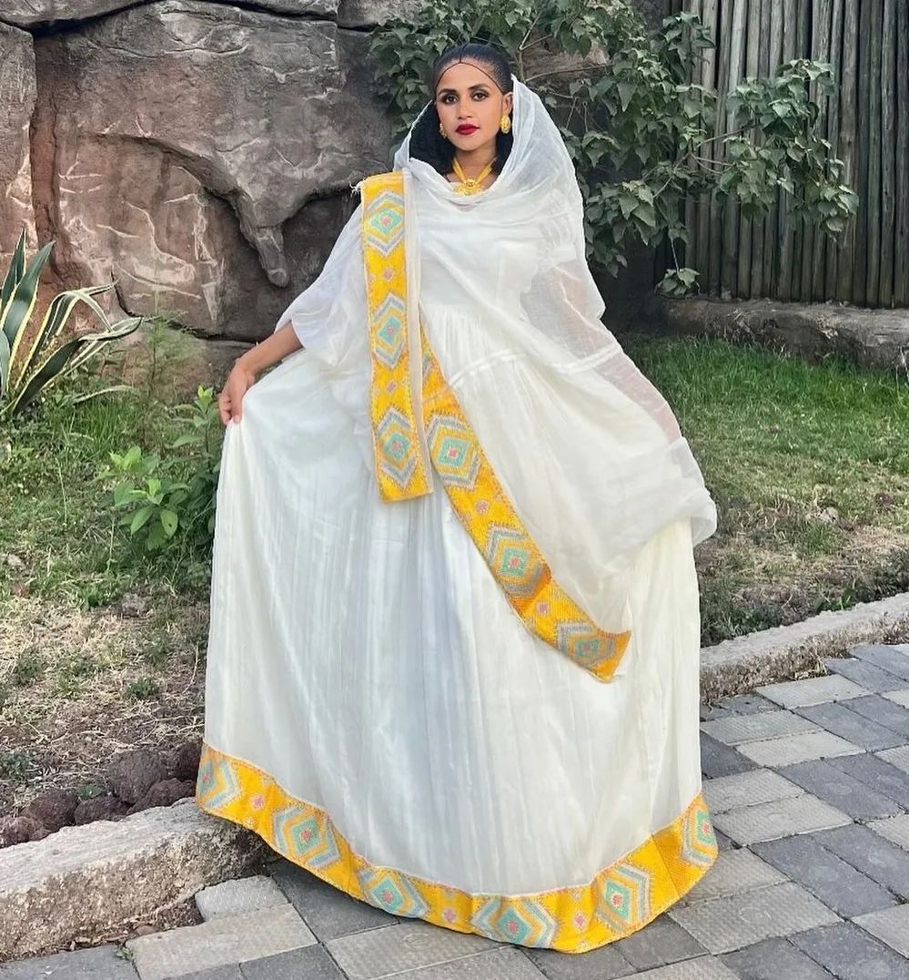 simple ethiopian dress design Golden Ethiopian Dress Habesha Dress Design in Simple Fetil Fabric M