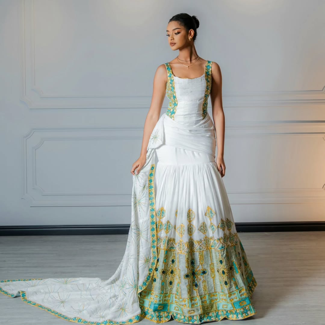 Elegant Green Mermaid Habesha Dress with Rich Golden Accents