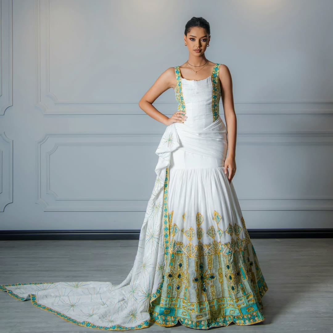Elegant Green Mermaid Habesha Dress with Rich Golden Accents