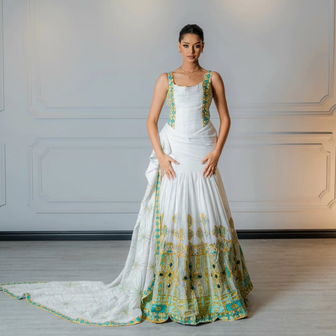 Elegant Green Mermaid Habesha Dress with Rich Golden Accents