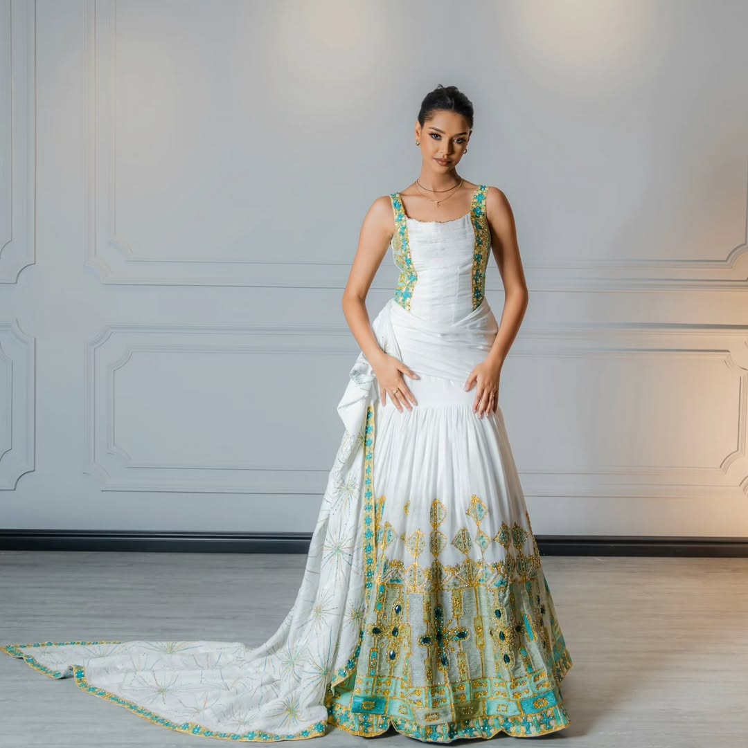Elegant Green Mermaid Habesha Dress with Rich Golden Accents