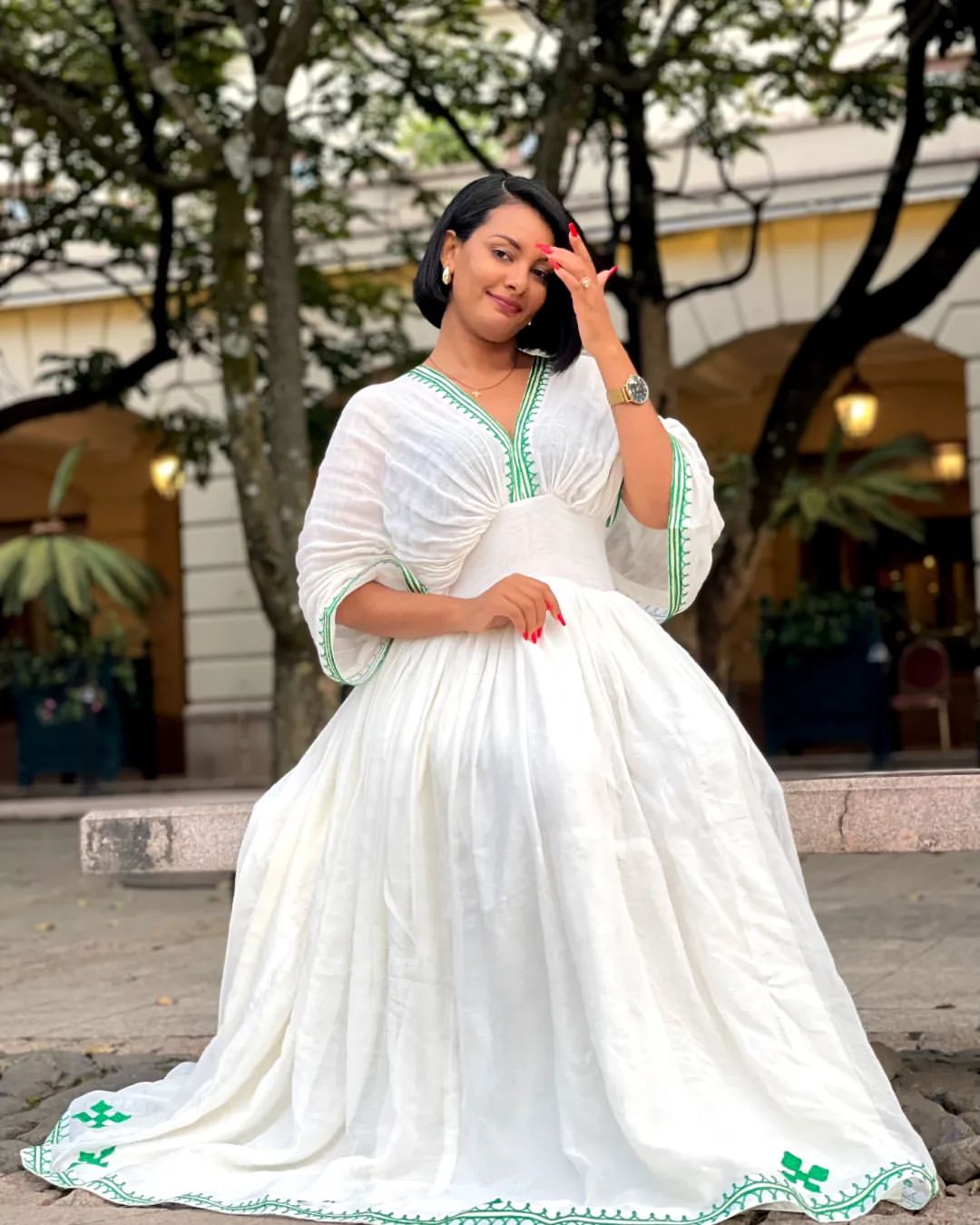 Green Detailing Beautiful Traditional Ethiopian Dress: Designed for Any Celebration Habesha Dress