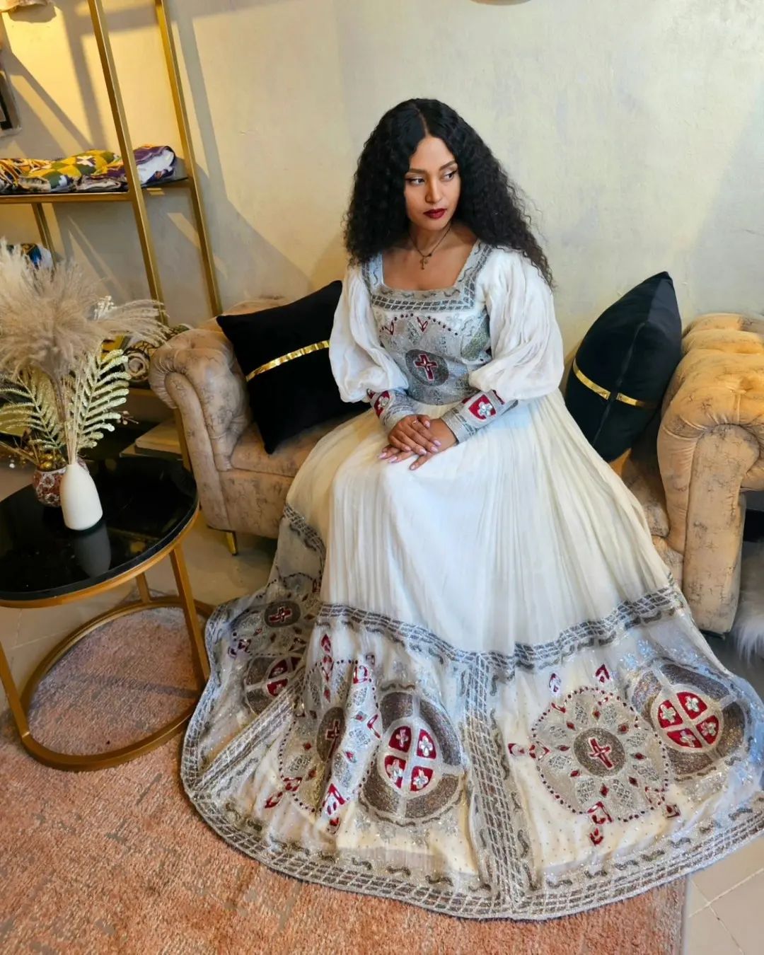 Red and Silver Shimmering Ethiopian Traditional Dress