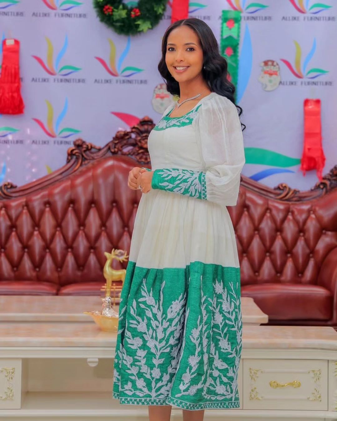 Beautiful Green Knee High Traditional Ethiopian Dress: with Silver Ornaments Habesha Dress