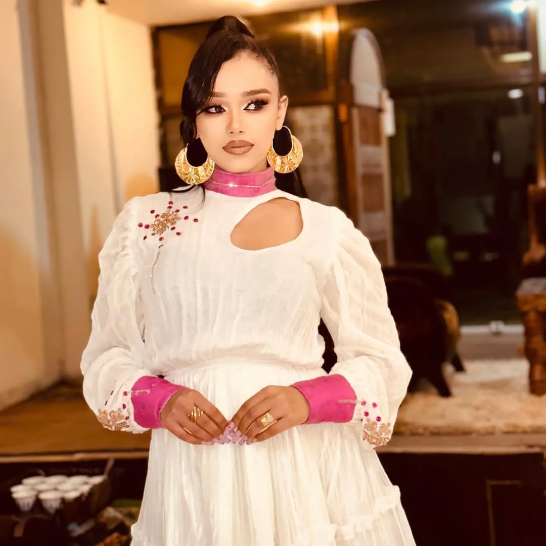 Appealing Sweet Pink Mini Habesha Dress Closeup