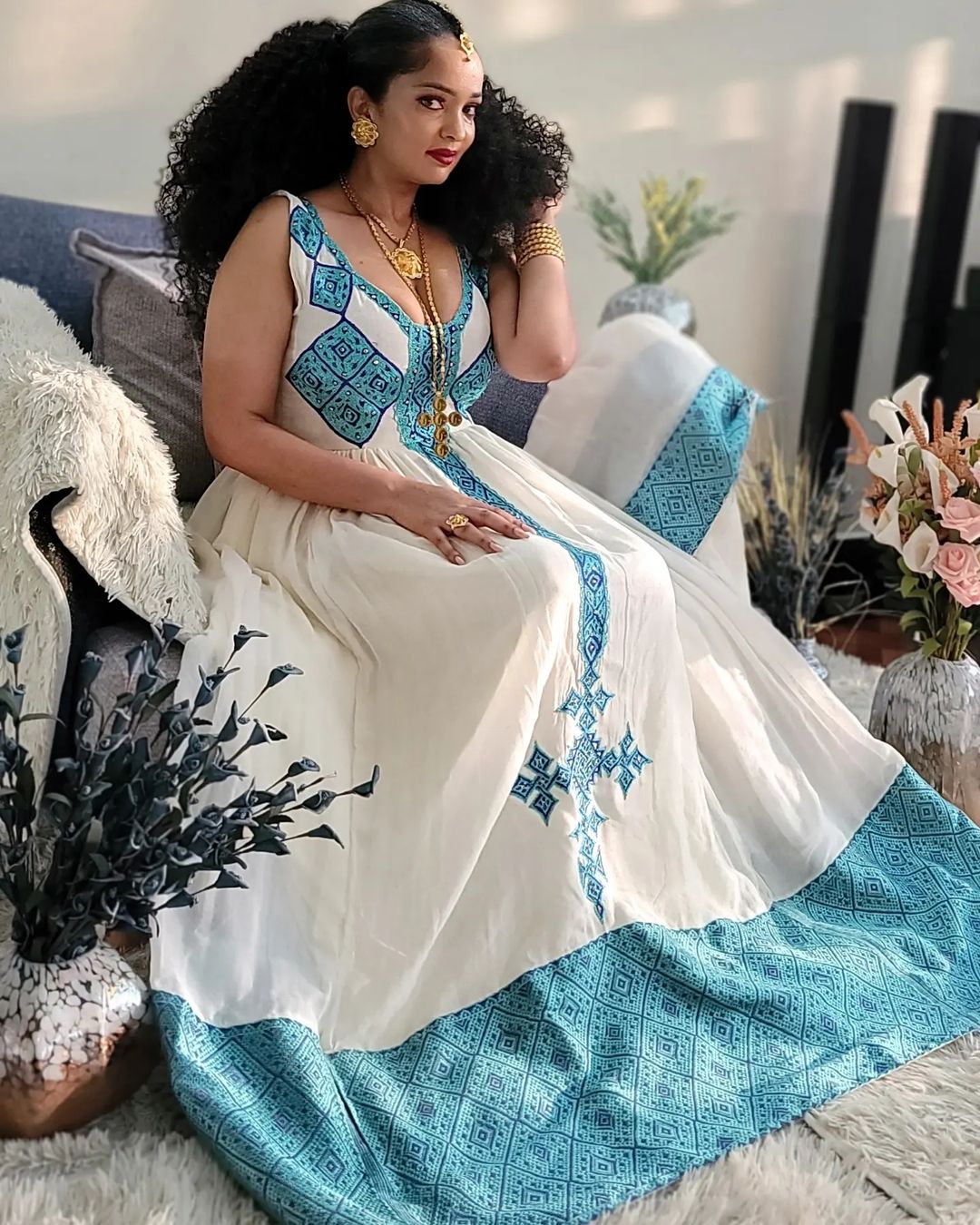 Blue Statement Look with Traditional Ethiopian Dress: Intricately Designed Habesha Dress Modern Habesha Kemis