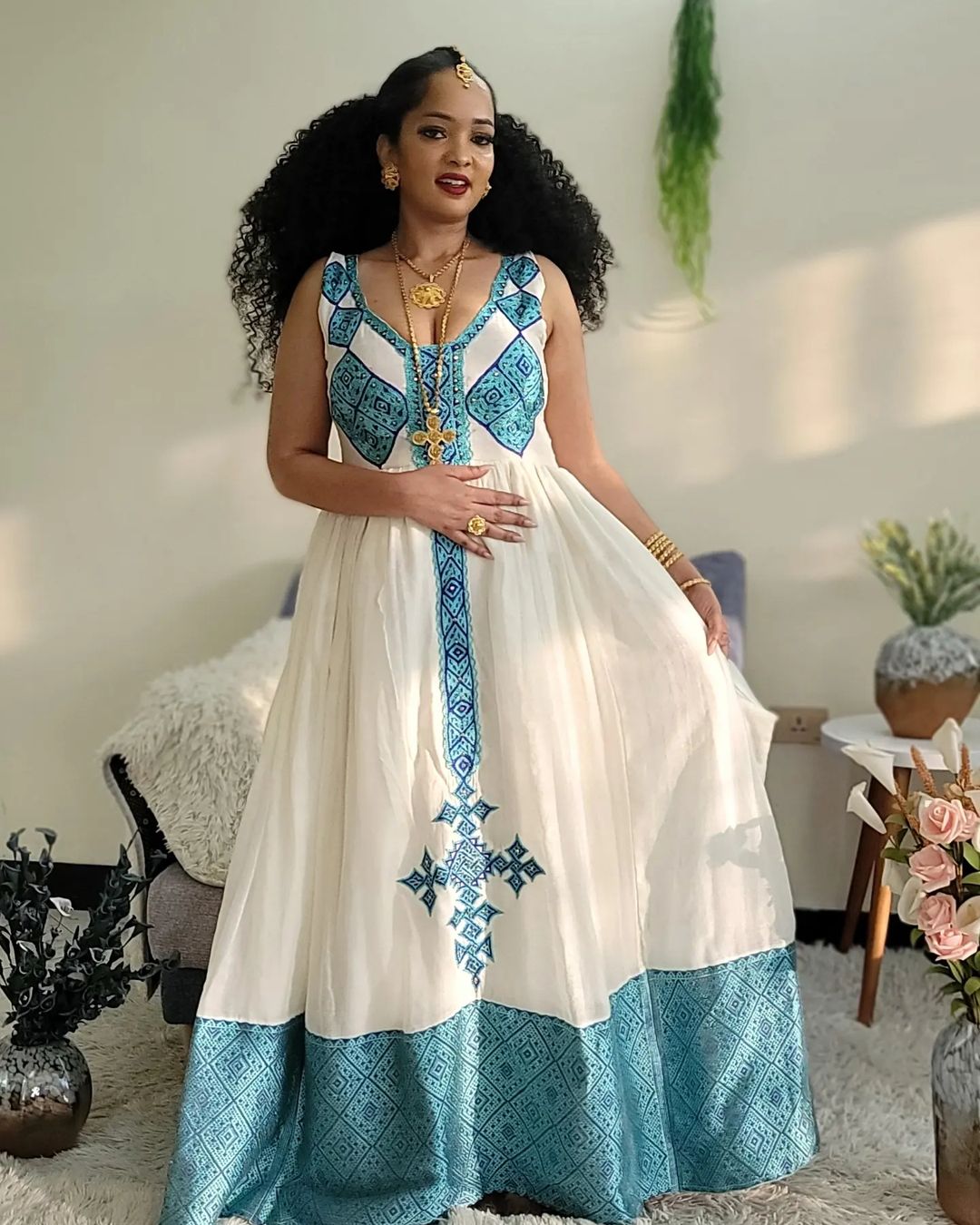 Blue Statement Look with Traditional Ethiopian Dress: Intricately Designed Habesha Dress Modern Habesha Kemis
