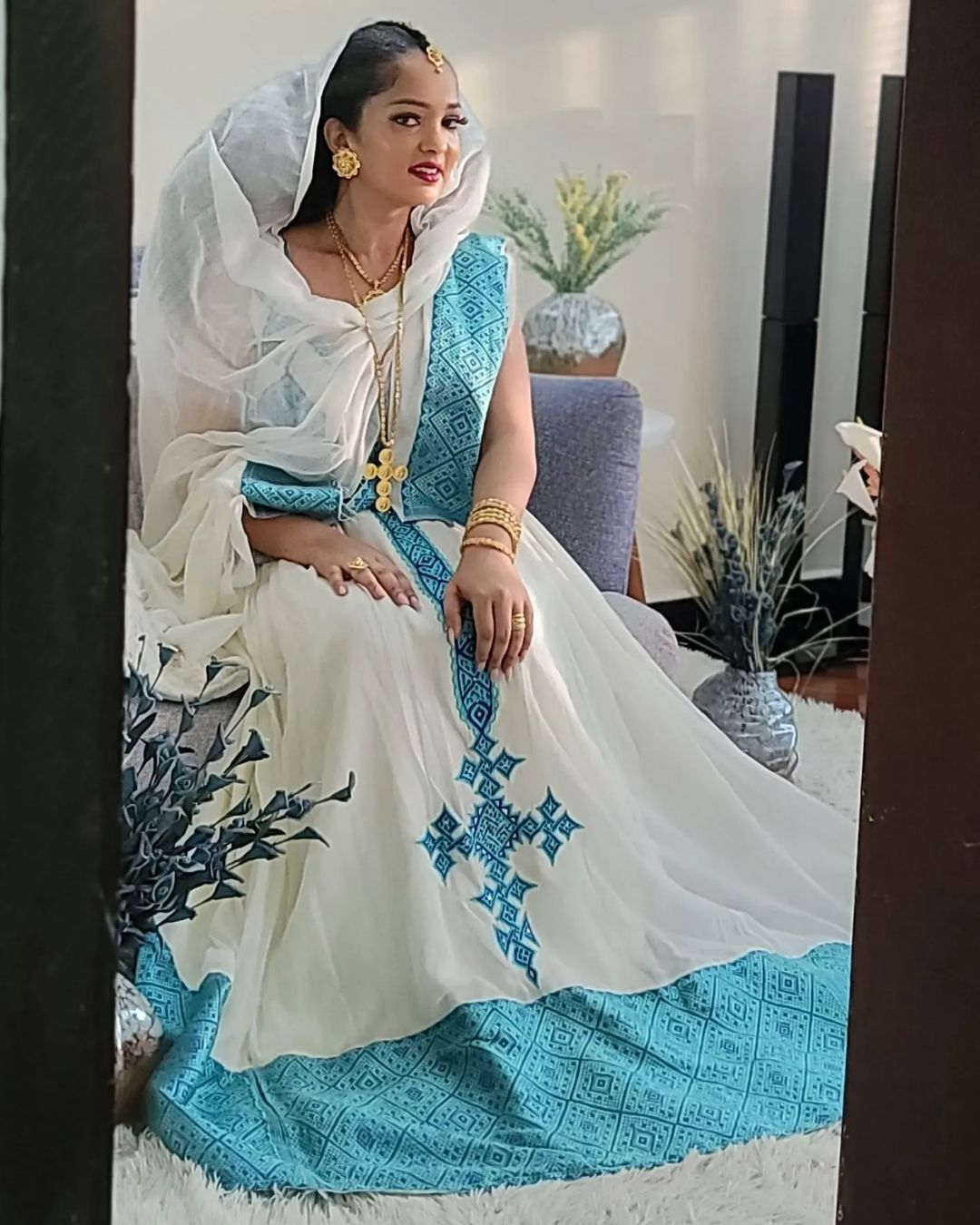 Blue Statement Look with Traditional Ethiopian Dress: Intricately Designed Habesha Dress Modern Habesha Kemis