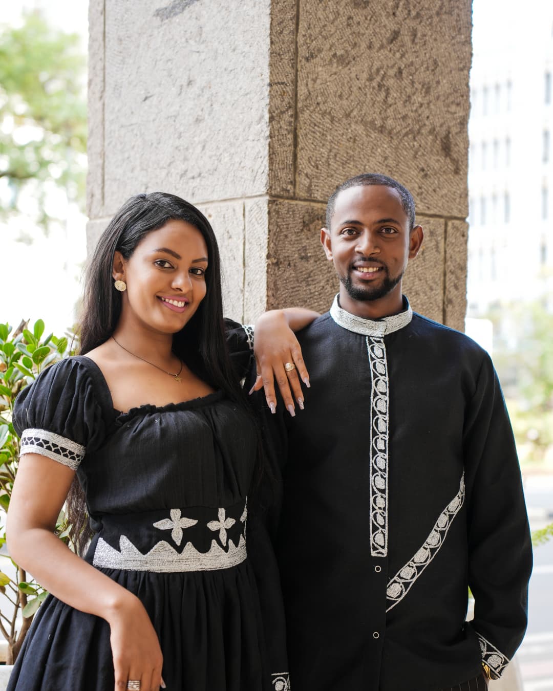 Harmonious Love in Black Matching Habesha Couples Outfit: with Silver Traditional Handcrafted Embroidery Ethiopian Couples Outfit