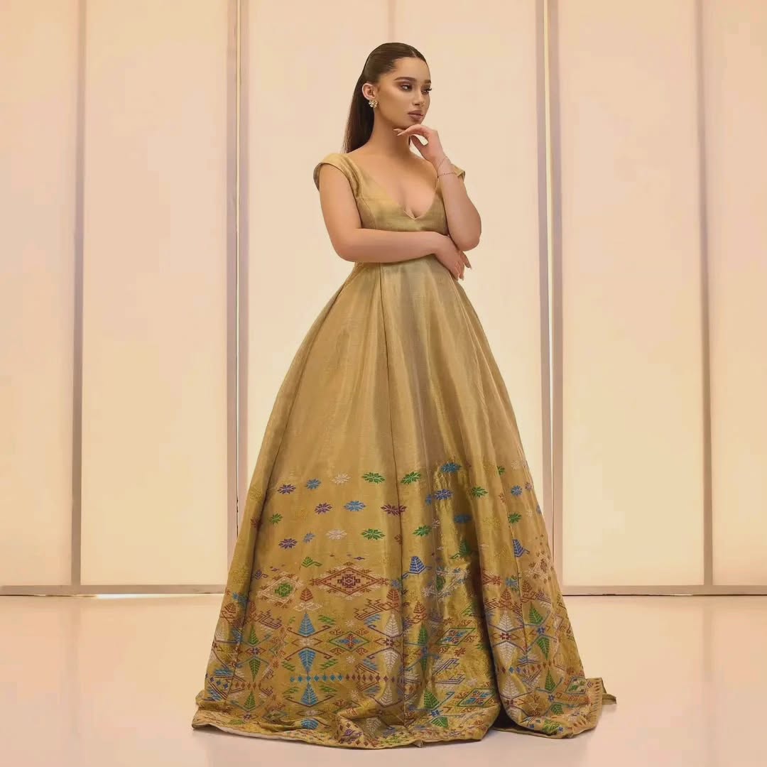 Exquisite Golden Embroidery on Habesha Dress
