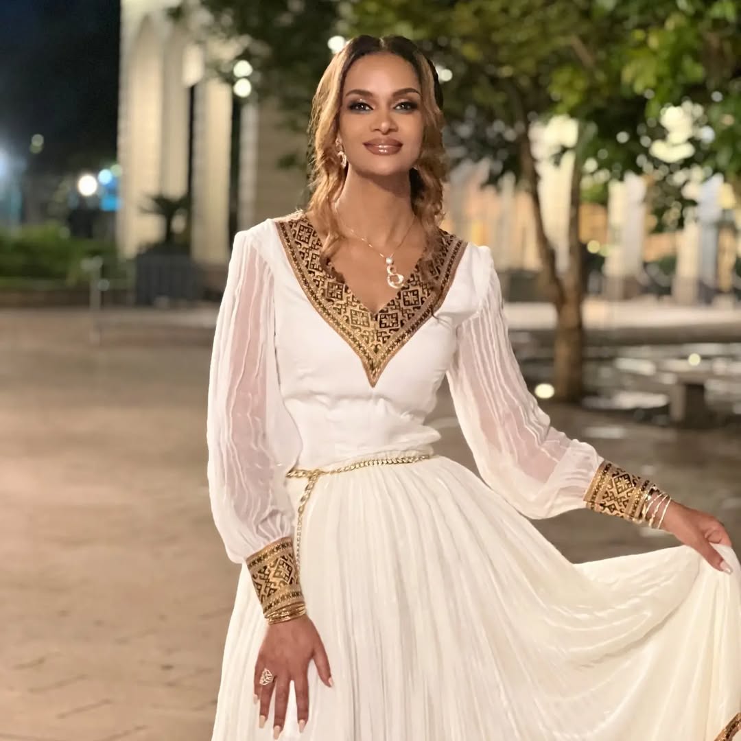 Graceful Golden Traditional Ethiopian Dress Closeup
