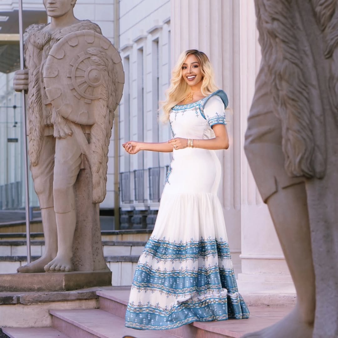 Adorable Blue Traditional Ethiopian Dress: Modern Mermaid Designed Habesha Dress for Formal Events Habesha Kemis