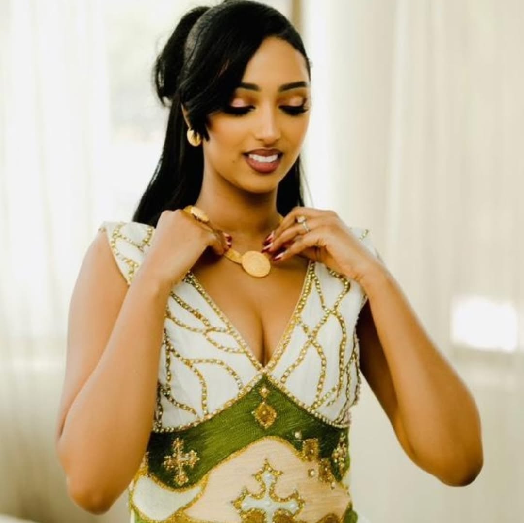 Luxurious Green and Golden Ethiopian Dress: Short Sleeved Contemporary Traditional Design Habesha Dress Wedding Eritrean Cloth