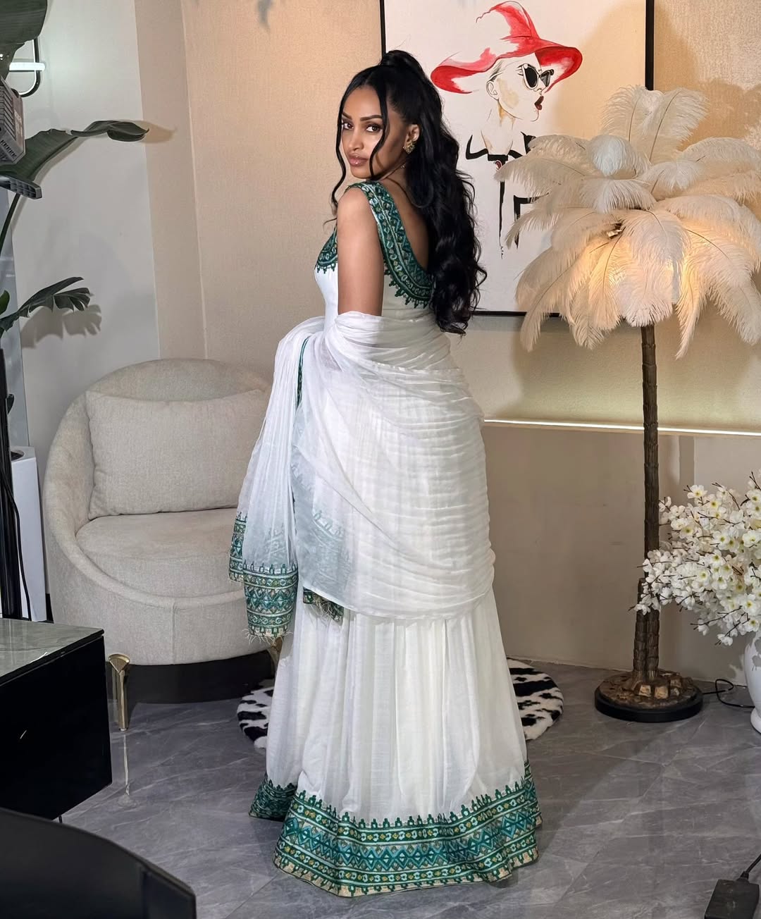 Elegant Habesha Dress with Rich Green Embroidery and Contemporary Charm