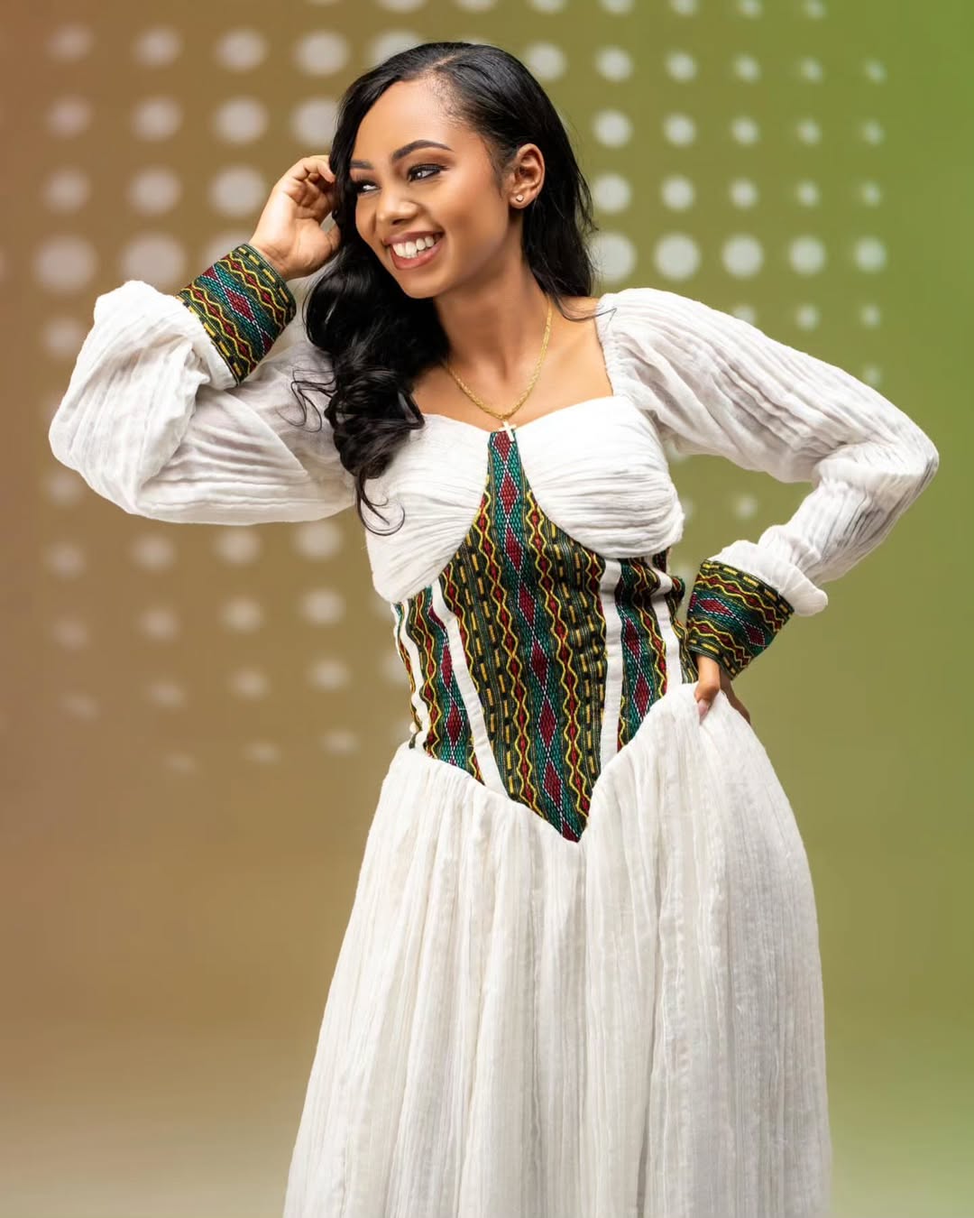 Vibrant White Habesha Kemis with Colorful Accents - Ethiopian Traditional Clothing