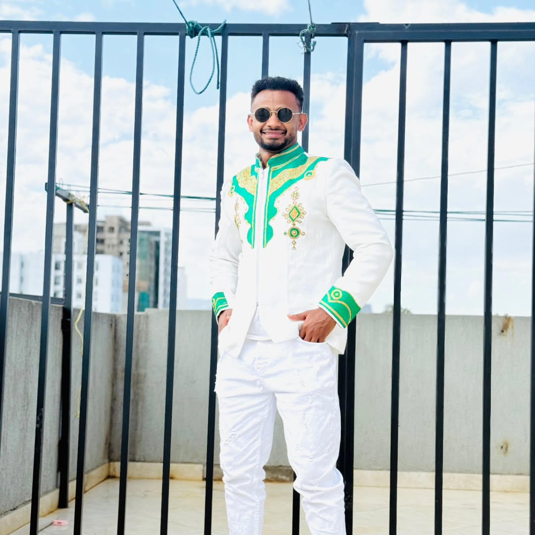 Charming Traditional Men's Shirt Green Accent Habesha Clothing