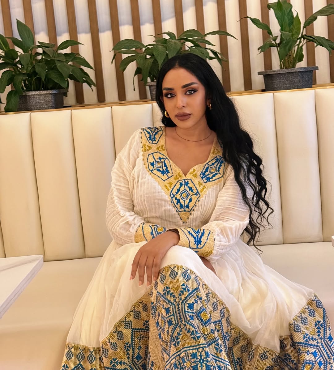 Stunning White Ethiopian Dress Adorned with Blue & Gold Motifs β Habesha Kemis
