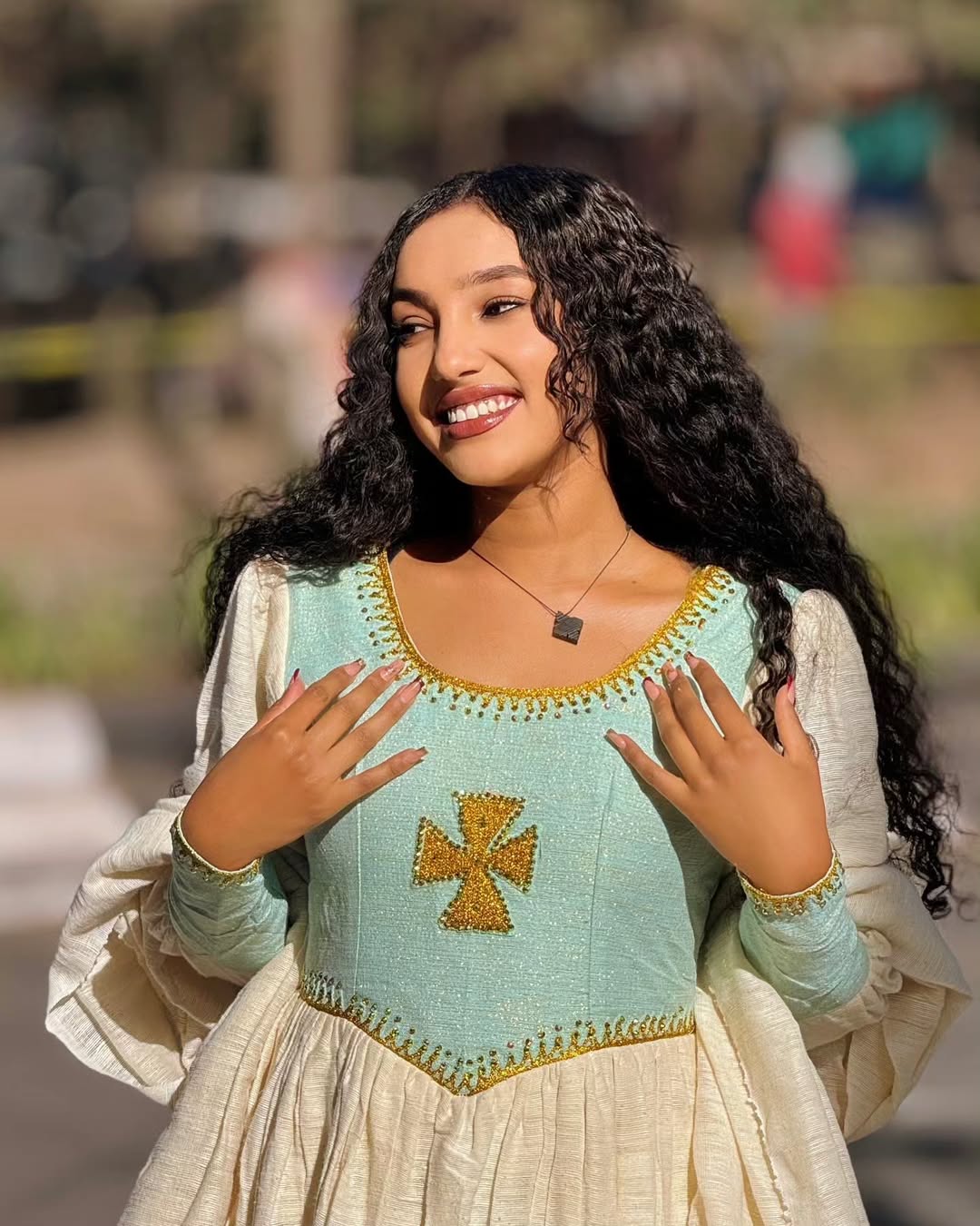 Simple yet stunning Light Blue Habesha Kemis with Gold Cross Embroidery - Ethiopian Dress