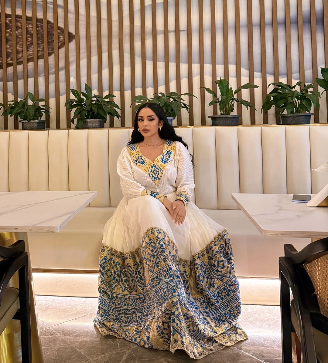 Stunning White Ethiopian Dress Adorned with Blue & Gold Motifs β Habesha Kemis