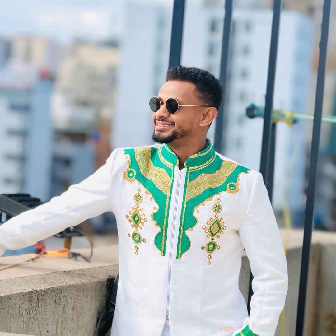 Charming Traditional Men's Shirt Green Accent Habesha Clothing