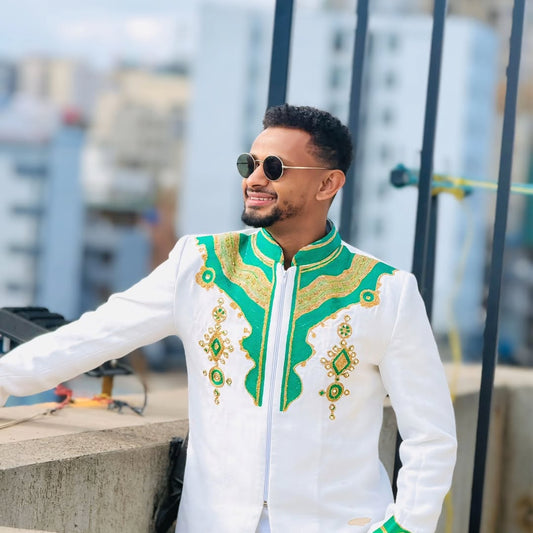 Charming Traditional Men's Shirt Green Accent Habesha Clothing