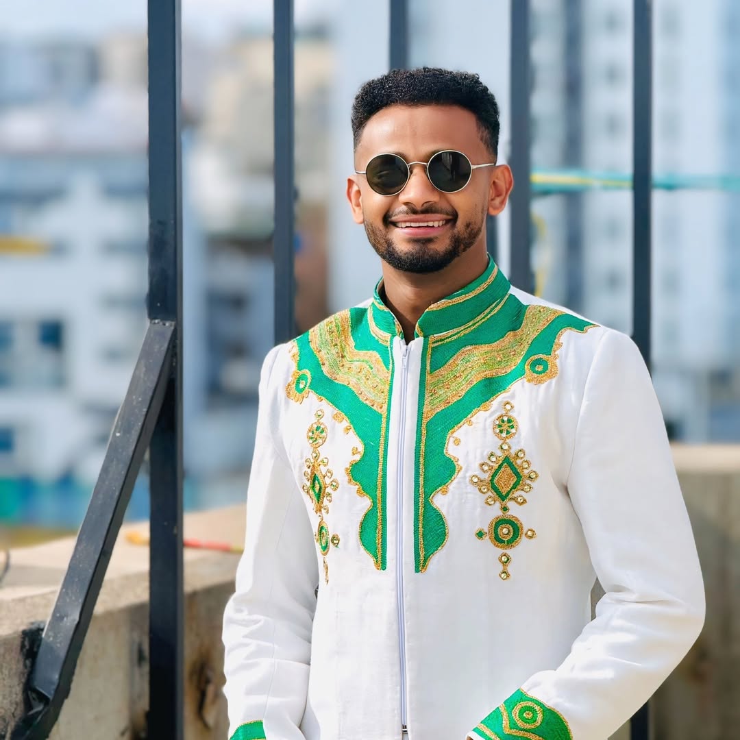 Charming Traditional Men's Shirt Green Accent Habesha Clothing