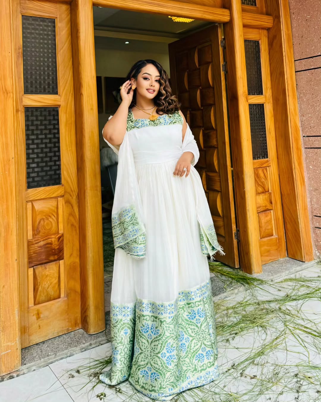 Stunning White Habesha Dress with Blue & Green Floral Patterns – Ethiopian Cultural Dress