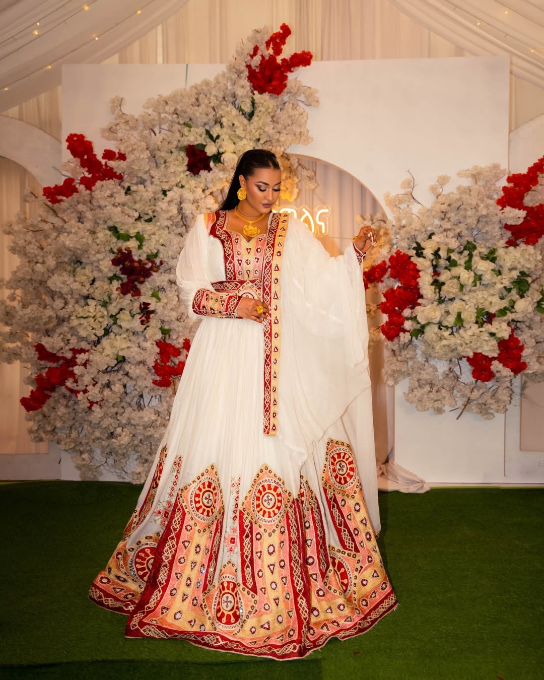 Graceful Habesha Kemis with Red & Gold Embroidery β Ethiopian Wedding Dress