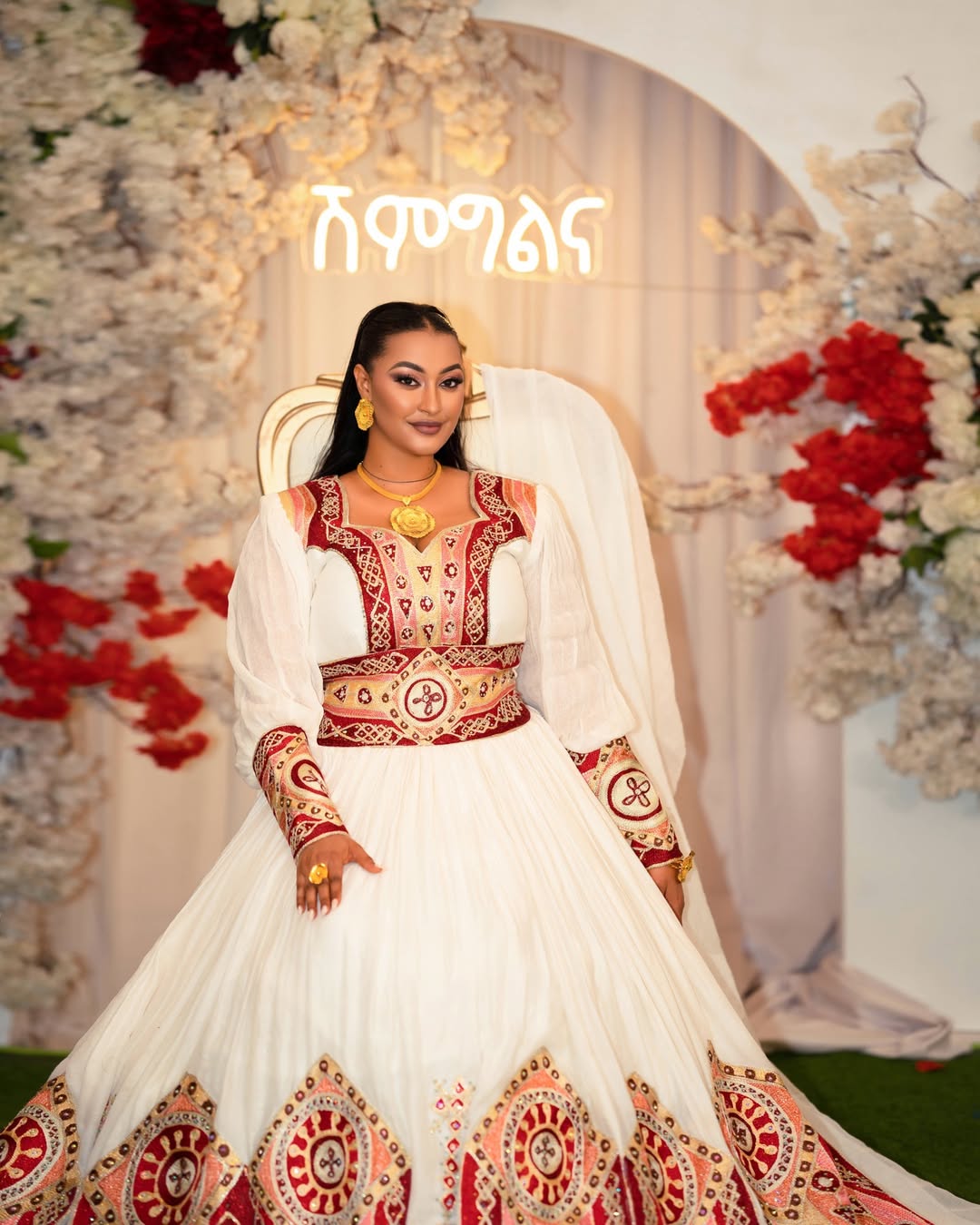 Graceful Habesha Kemis with Red & Gold Embroidery β Ethiopian Wedding Dress