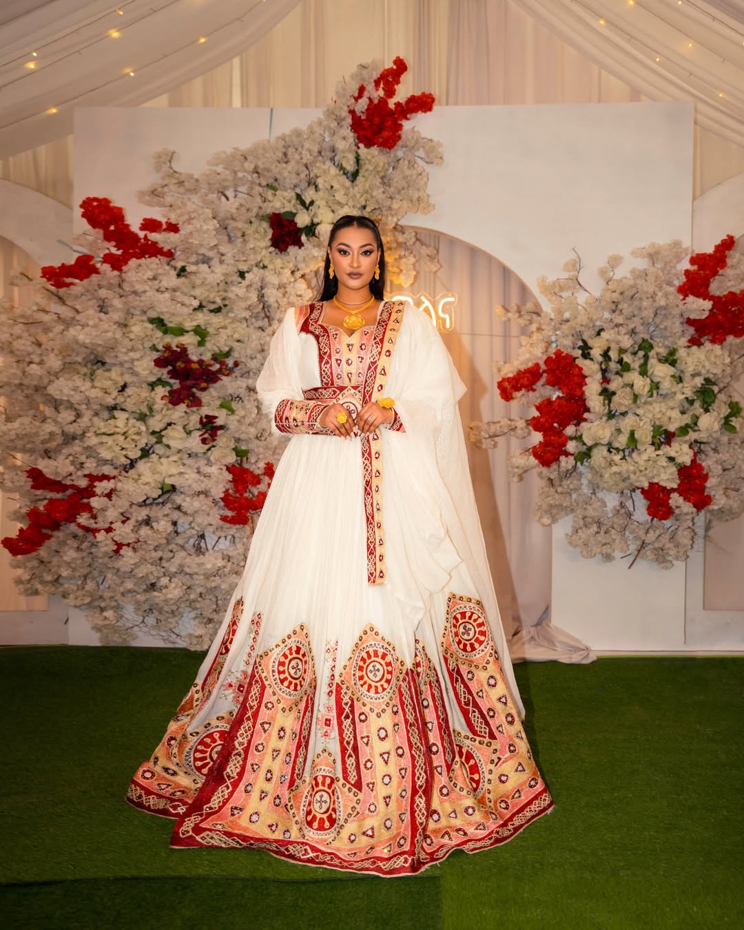 Graceful Habesha Kemis with Red & Gold Embroidery Ethiopian Wedding Dress M Graceful Habesha Kemis with Red & Gold Embroidery Ethiopian Wedding Dress M