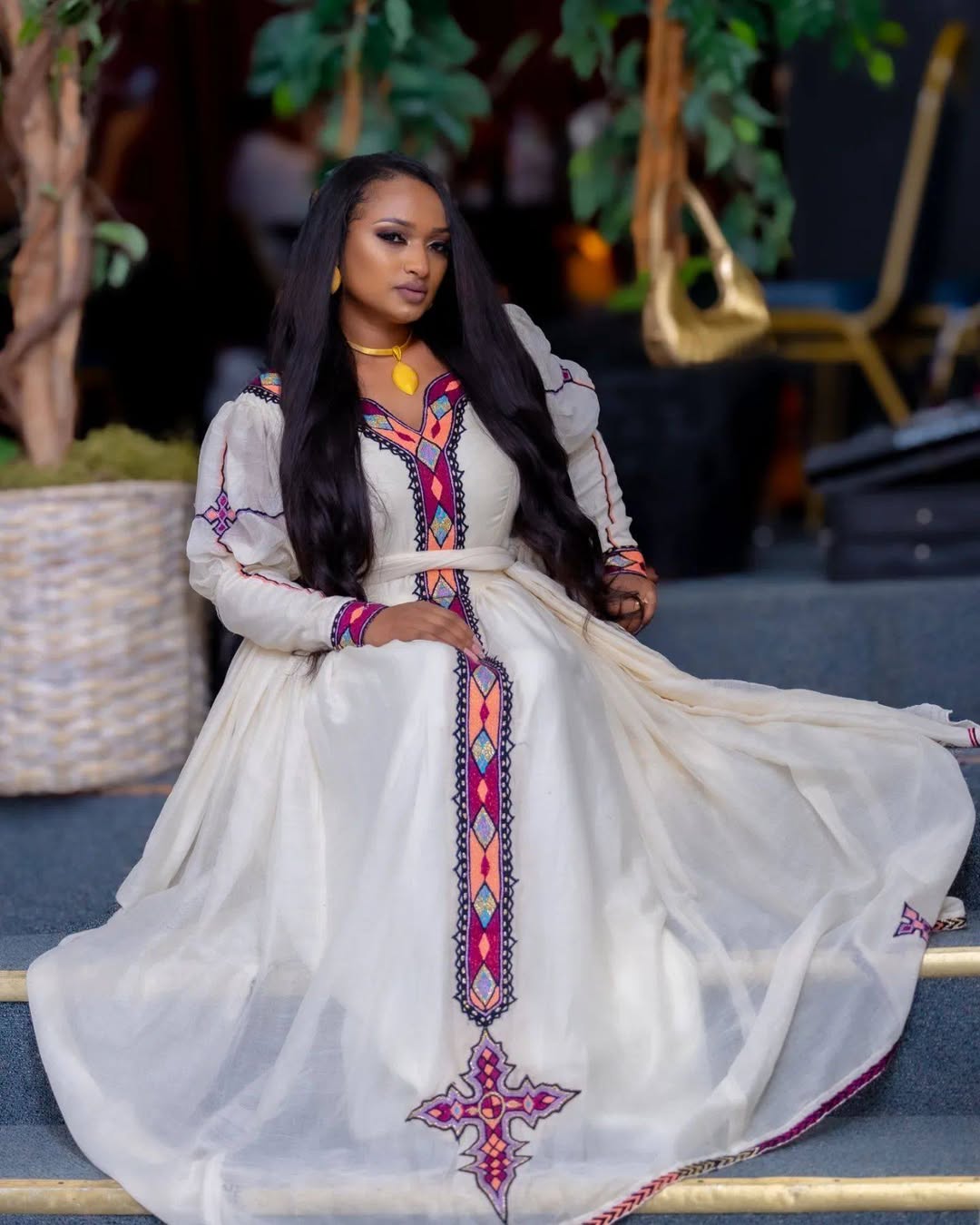 Ethiopian Traditional Wear : Timeless White Habesha Kemis with Blue & Gold Accents