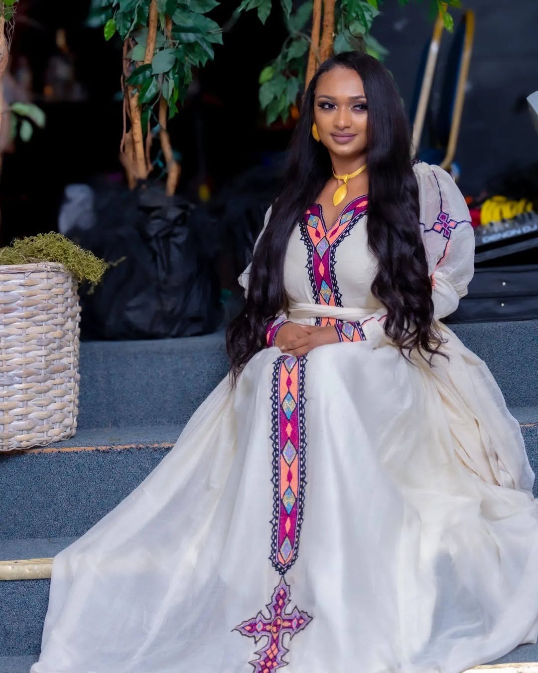 Ethiopian Traditional Wear : Timeless White Habesha Kemis with Blue & Gold Accents
