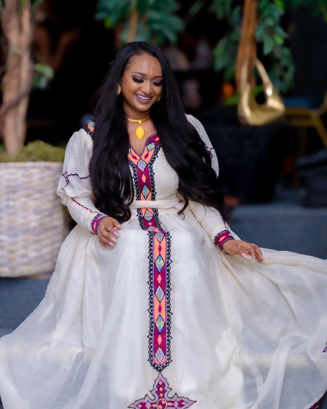 Ethiopian Traditional Wear : Timeless White Habesha Kemis with Blue & Gold Accents