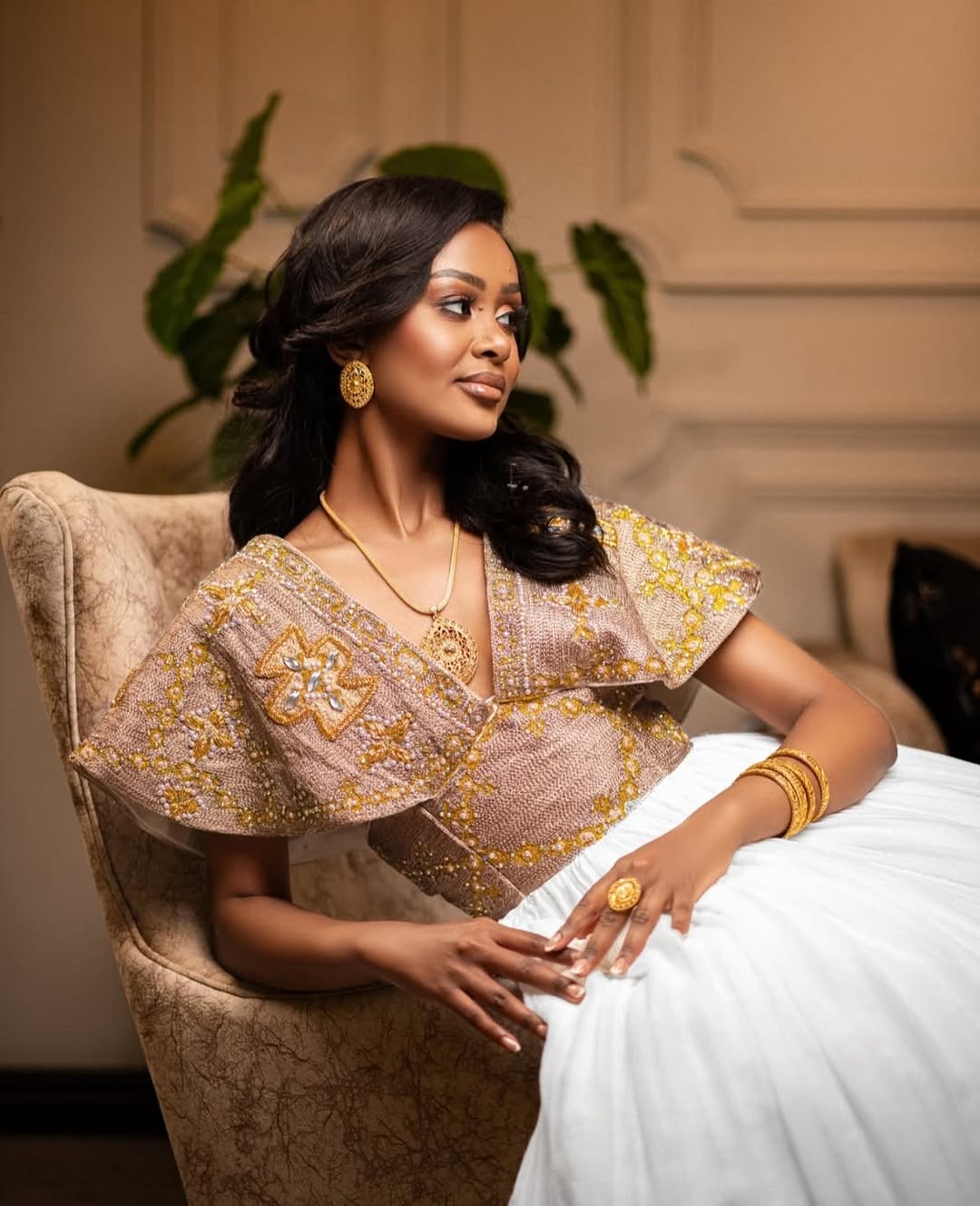 Regal White Habesha Wedding Dress with Gold & Bronze Embroidery β Ethiopian Bridal Dress