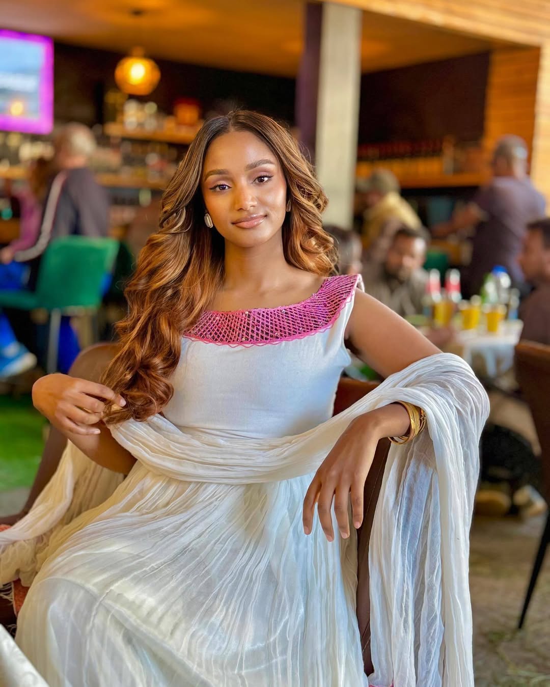 Vibrant White Habesha Kemis with Pink Trim β Ethiopian Dress