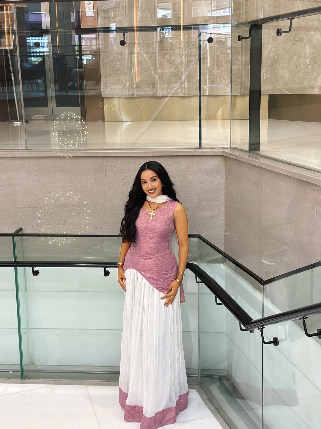 Elegant Pink & White Ethiopian Dress with Asymmetrical Drape - Eritrean Zuria