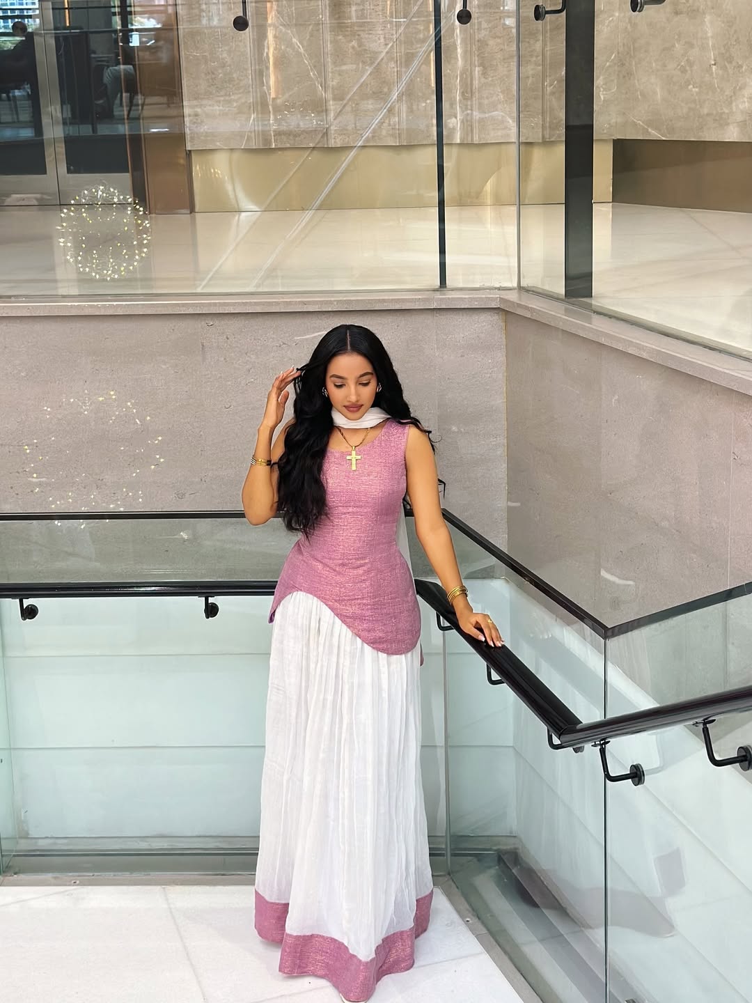 Elegant Pink & White Ethiopian Dress with Asymmetrical Drape - Eritrean Zuria