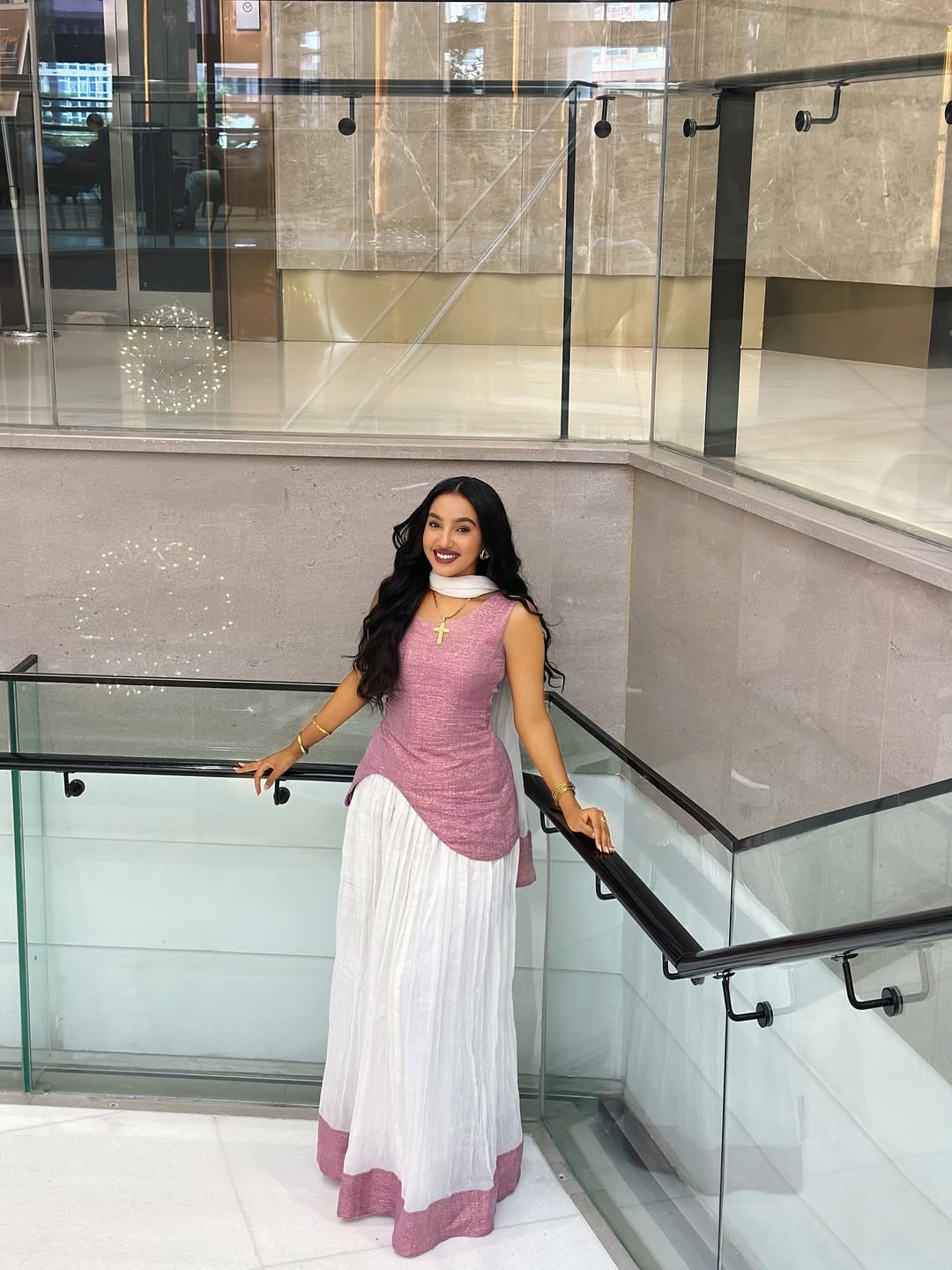Elegant Pink & White Ethiopian Dress with Asymmetrical Drape - Eritrean Zuria