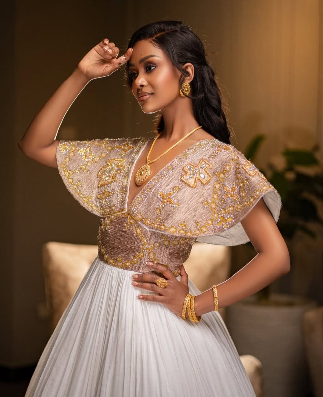 Regal White Habesha Wedding Dress with Gold & Bronze Embroidery β Ethiopian Bridal Dress