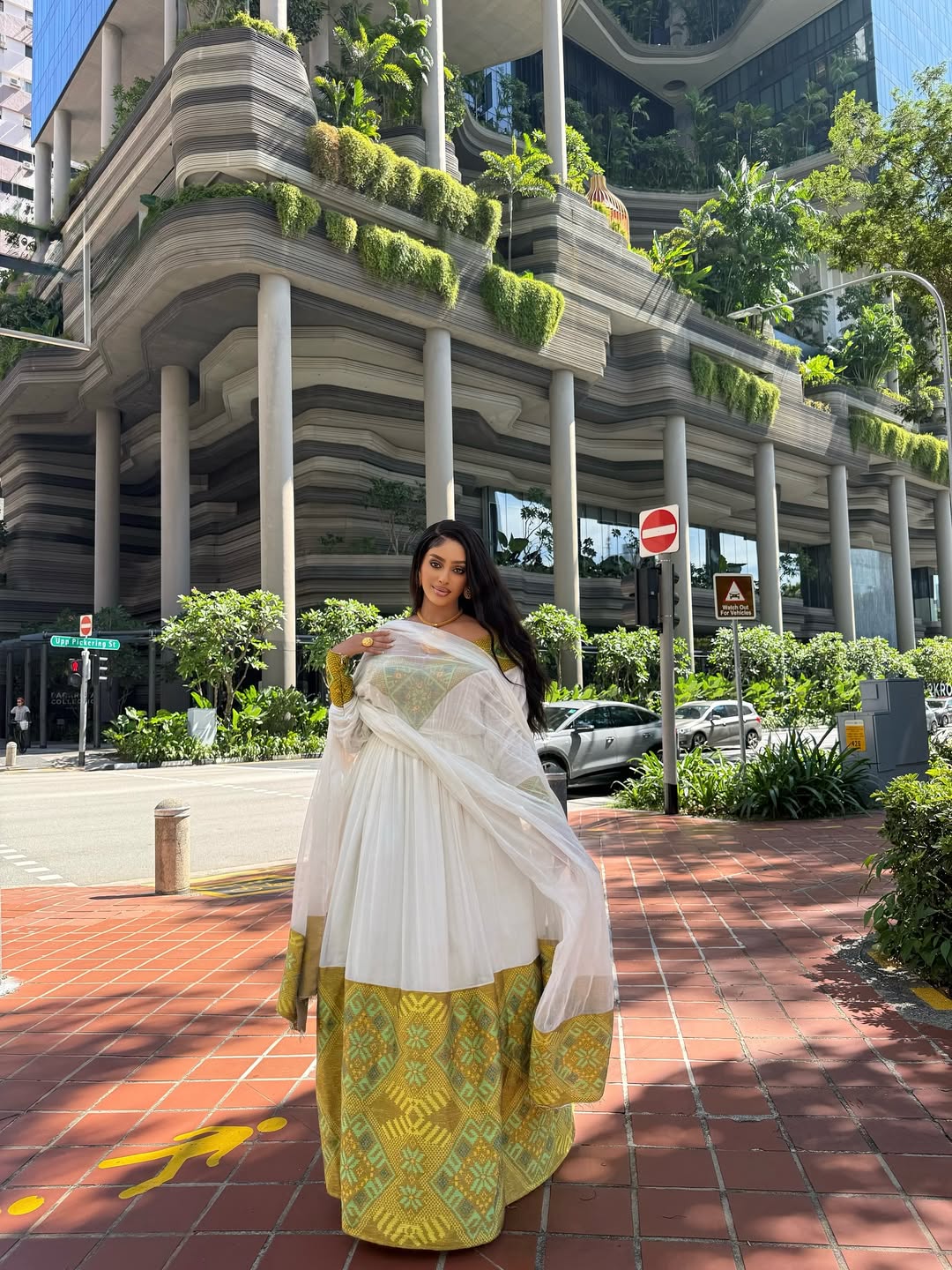 Modern Off-Shoulder Habesha Dress with Gold & Green Pattern - Traditional Ethiopian Dress