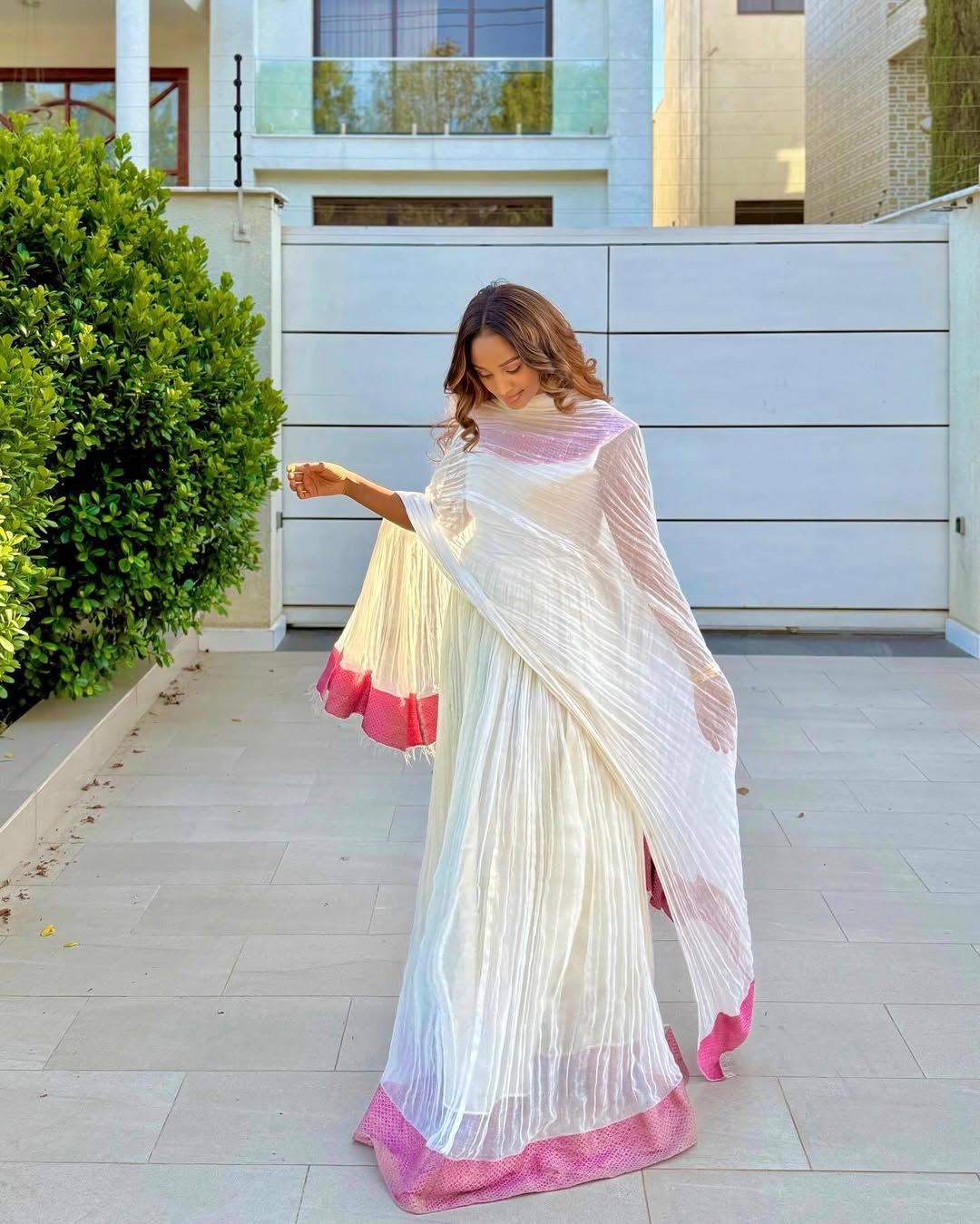 Vibrant White Habesha Kemis with Pink Trim β Ethiopian Dress