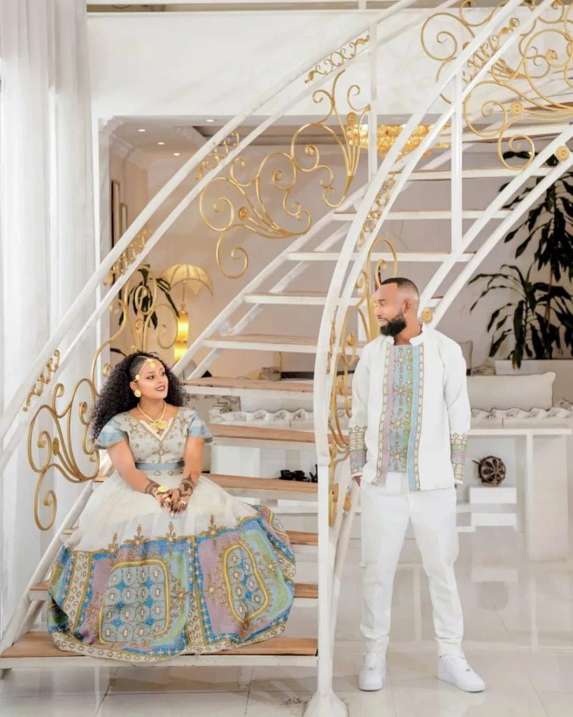 Beautiful Pastel Couples outfit β Zuriya - Habesha Kemis - Habesha Wedding Dress