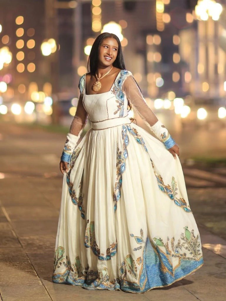 Beautiful Wedding Habesha Kemis with Blue and Gold Embroidery – Habesha Dress – Ethiopian Wedding Dress