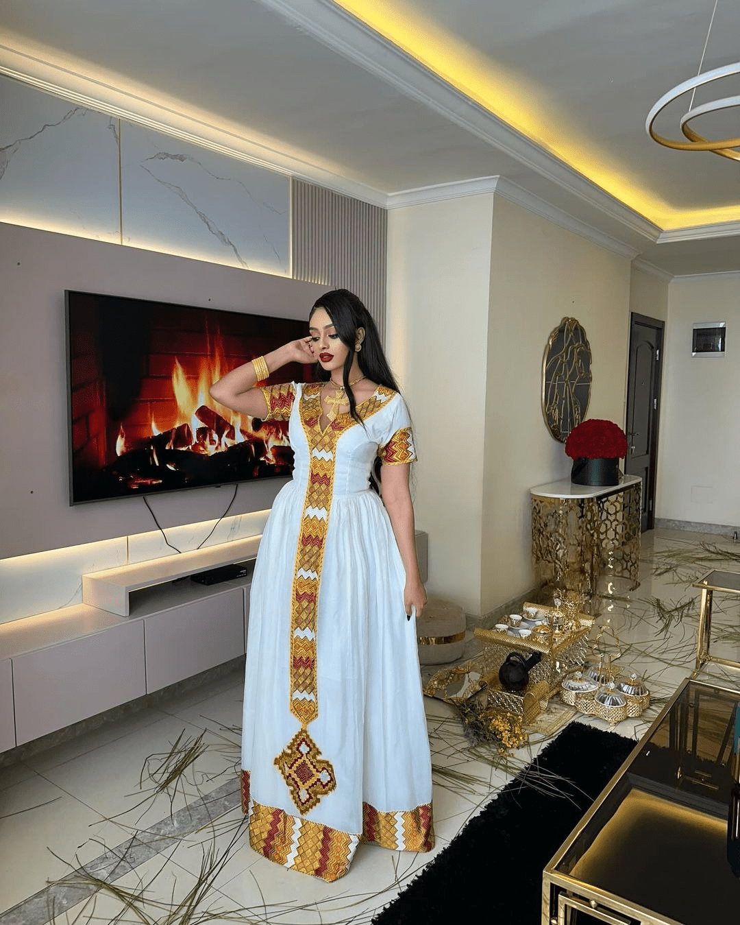 Luxurious Multicolored Habesha Dress: Modern Look with Short Sleeved Traditional Ethiopian Dress