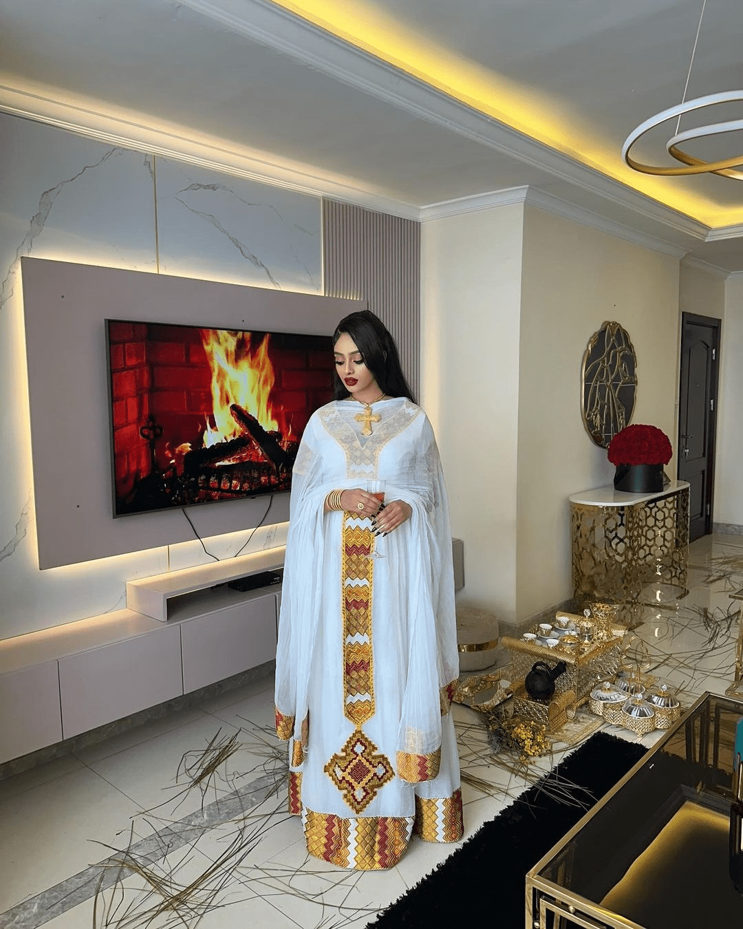 Luxurious Multicolored Habesha Dress: Modern Look with Short Sleeved Traditional Ethiopian Dress