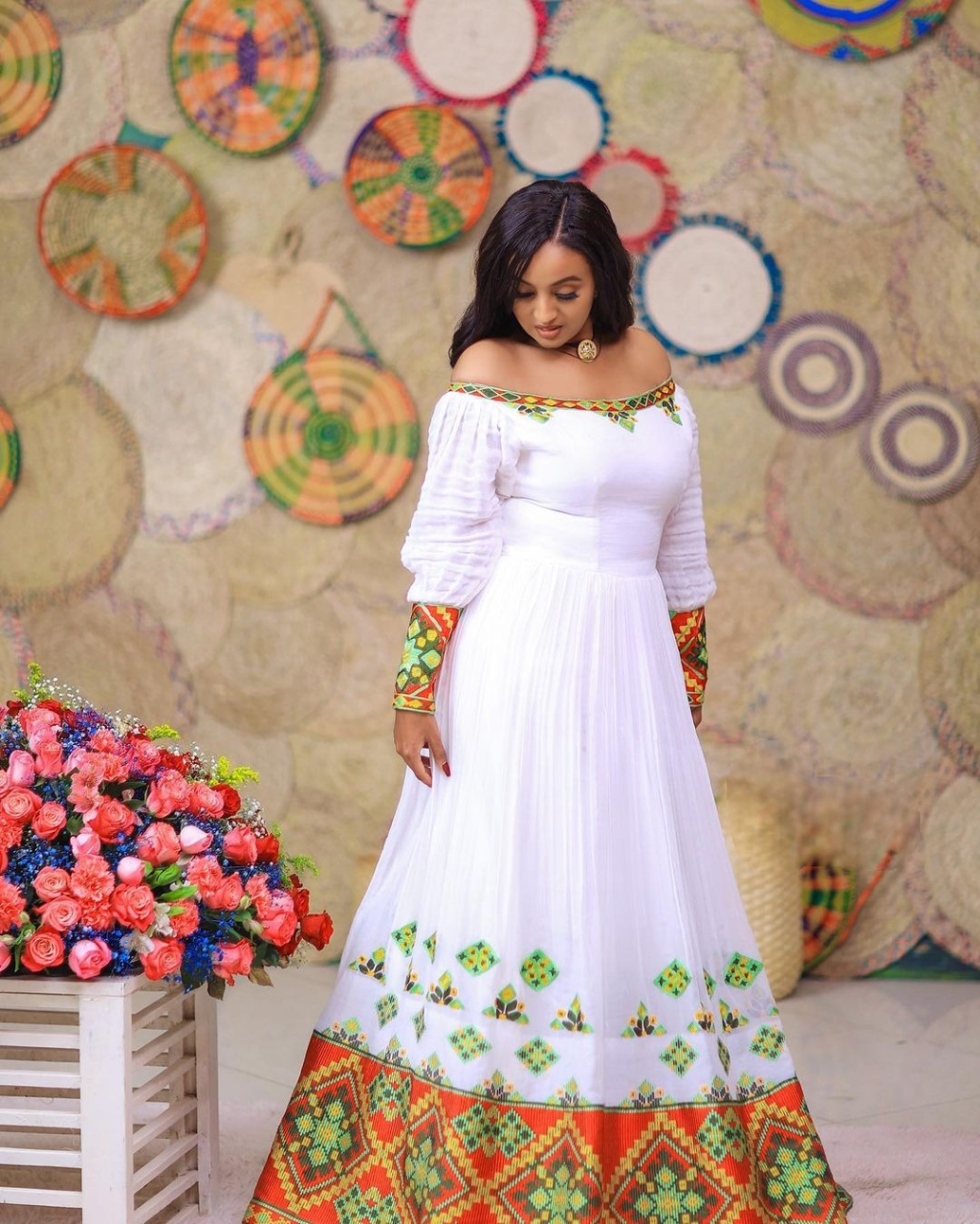 Vibrant Modern Habesha Dress: Off Shoulder Daring Traditional Ethiopian Dress Ideal for Any Occasions Habesha Kemis