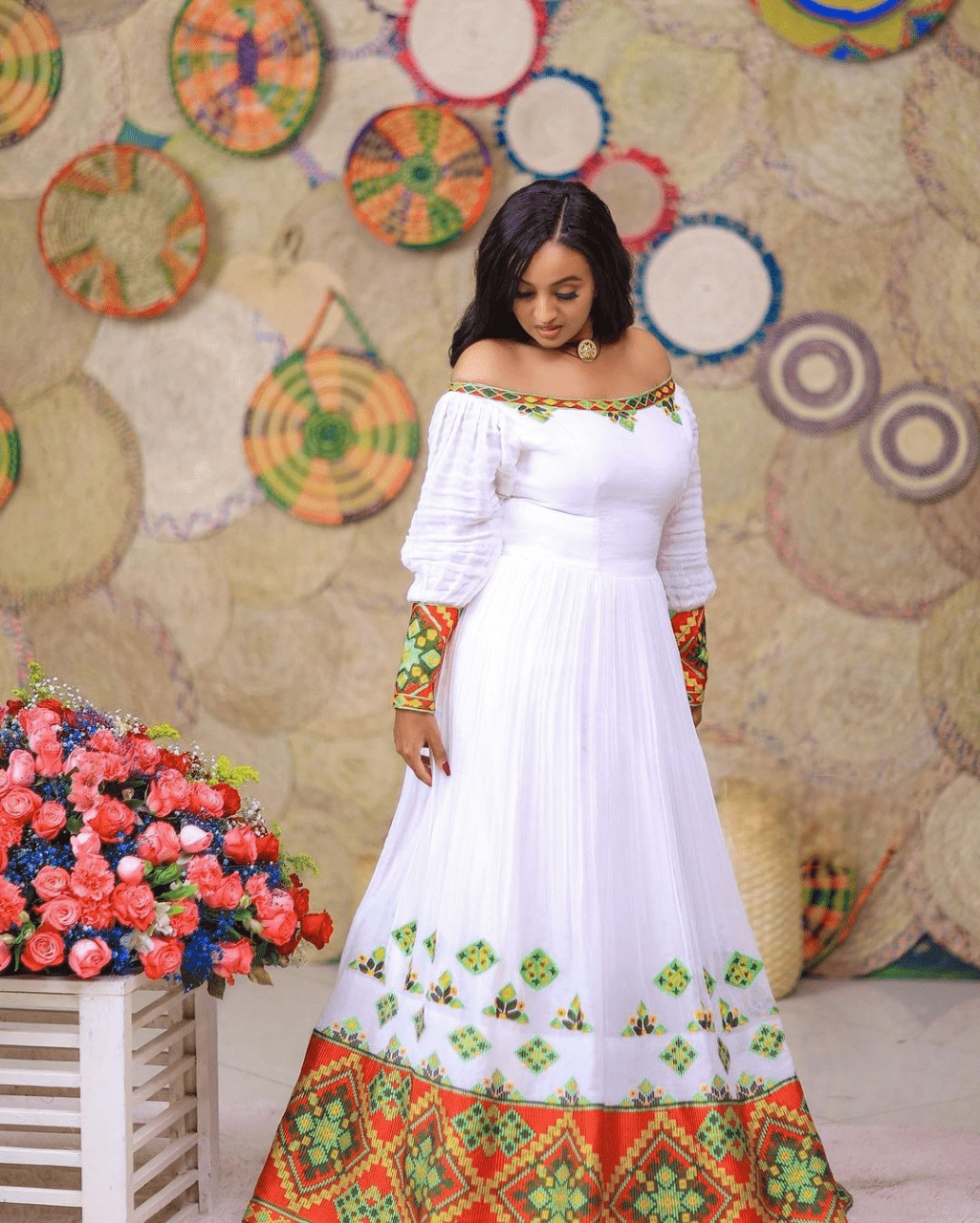 Vibrant Modern Habesha Dress: Off Shoulder Daring Traditional Ethiopian Dress Ideal for Any Occasions Habesha Kemis